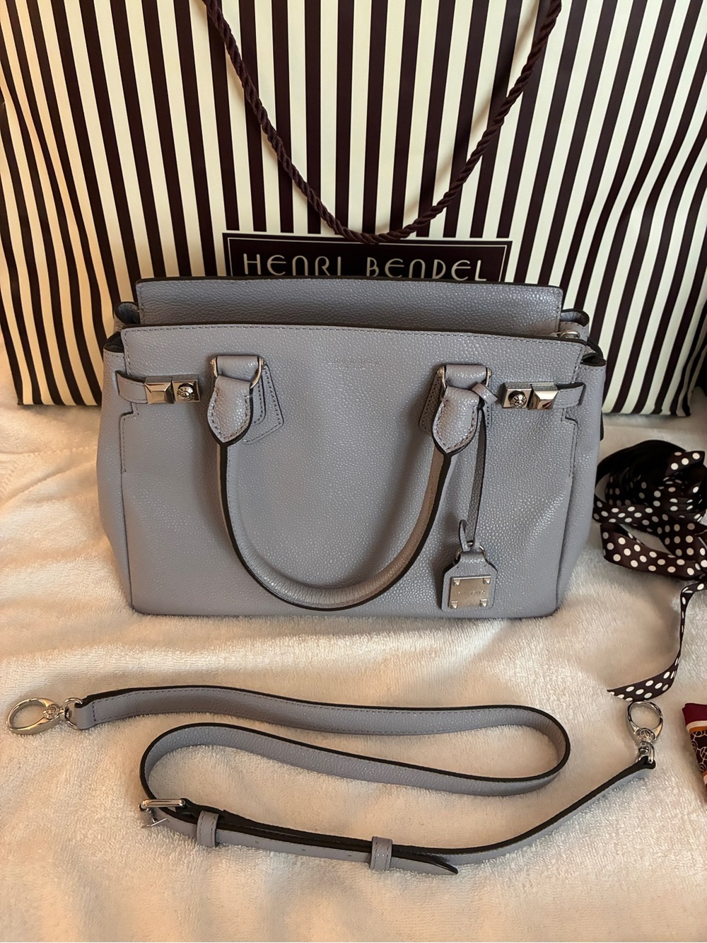 Henri Bendel Carlyle Satchel Gray Leather + Scarf Full 5th Ave Set
